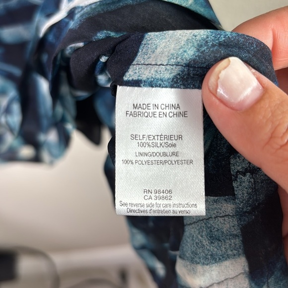 Theory 100% Silk Abstract Blue Teal Black Mini Ruffled Flutter Sleeves Dress 6 - Picture 4 of 14